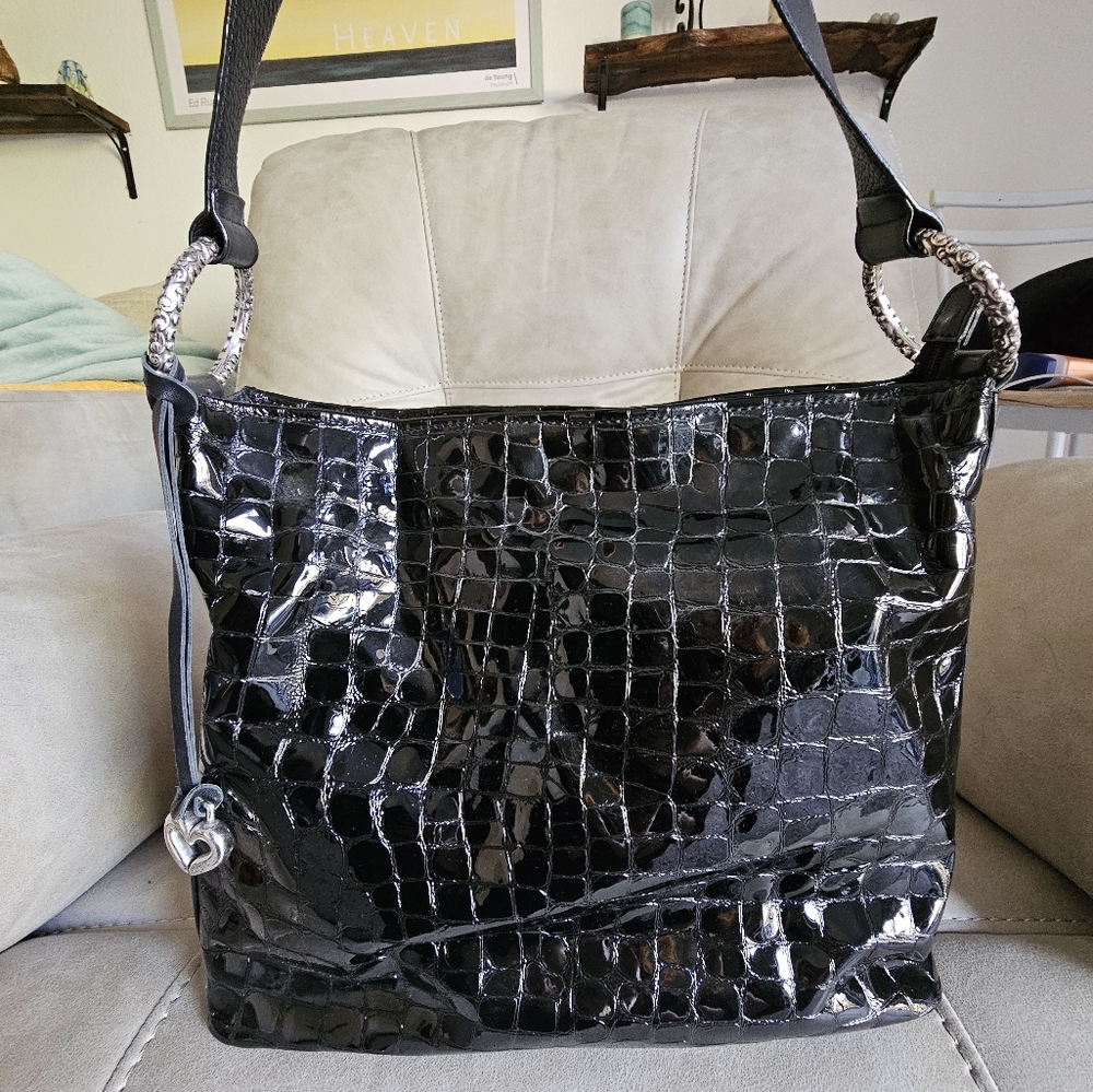 BRIGHTON Croco  Black PATENT LEATHER heart charm SHOULDER HANDBAG
